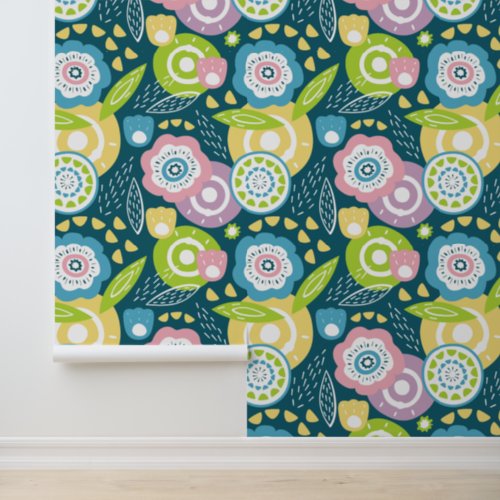 Colorful Modern Blue Yellow Pink Floral Pattern Wallpaper