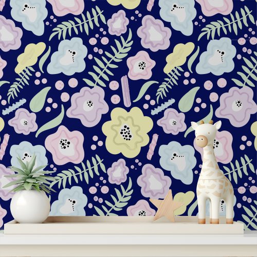 Colorful Modern Blue Yellow Purple Floral Pattern Wallpaper