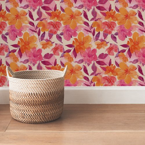 Colorful Modern Bold Pink Orange Floral Pattern Wallpaper