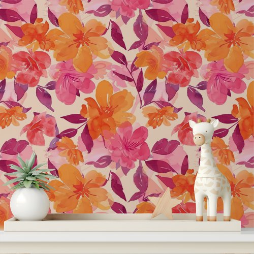 Colorful Modern Bold Pink Orange Floral Pattern Wallpaper