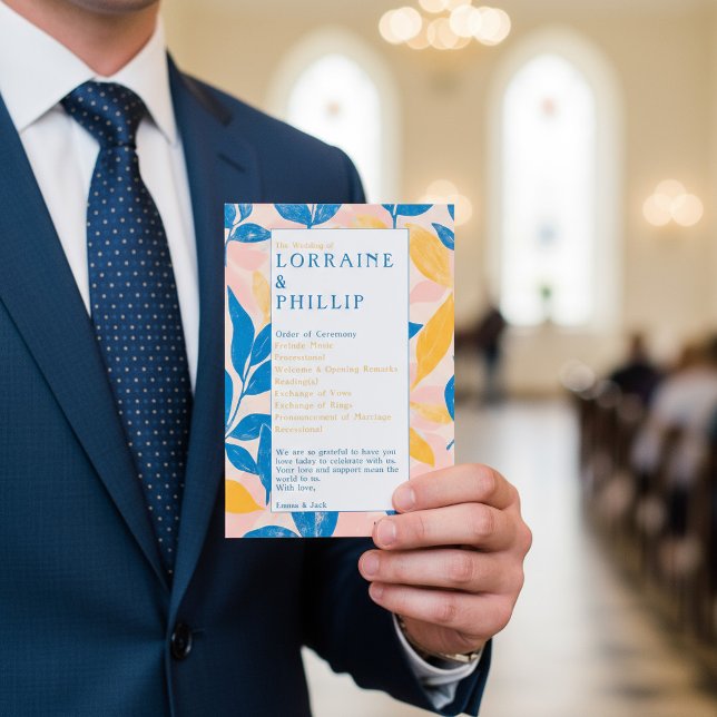 Colorful Modern Botanical blue yellow Wedding Program (Colorful Modern Botanical blue yellow Wedding Program.)