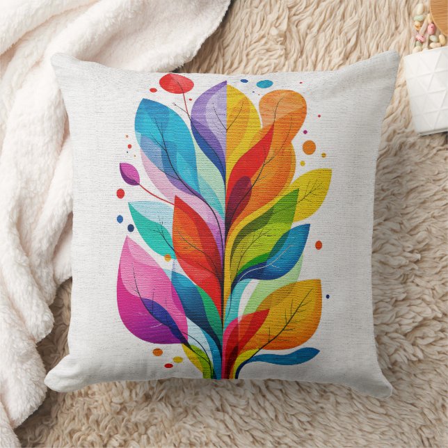 Colorful Modern Botanical Leaves Abstract Tree Throw Pillow (Blanket)
