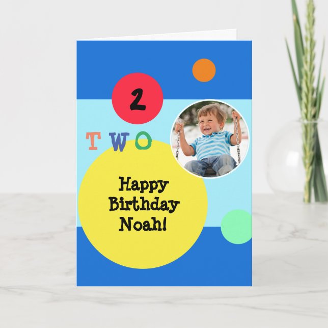 Colorful Modern Bright Photo Name 2nd Birthday Card (Front)