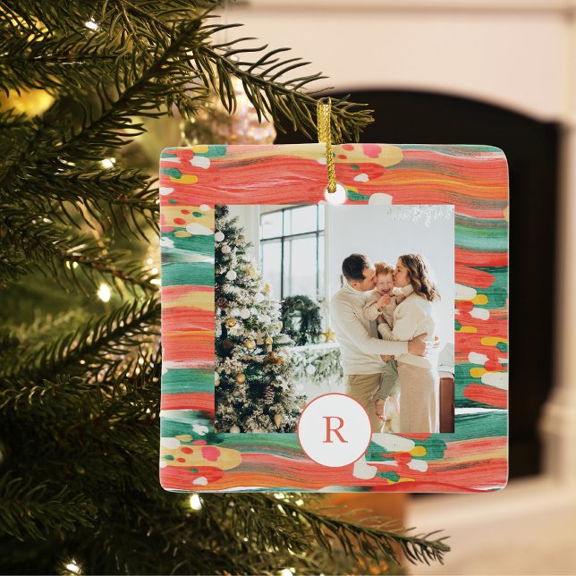 Colorful Modern Brush | Family Photo | Initial Ceramic Ornament (Creator Uploaded)