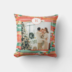 Colorful Modern Brush Family Photo Initial Throw Pillow