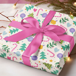 Colorful Modern Christmas Pattern Tree Candy Cane Wrapping Paper
