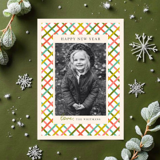 Colorful Modern Crisscross Photo New Year Holiday Card