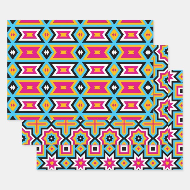 Colorful Modern Cute Trendy Geometric Patterns Wrapping Paper Sheets (Set)