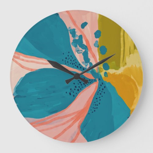 Colorful Modern Floral Abstract Art Pink Blue Large Clock