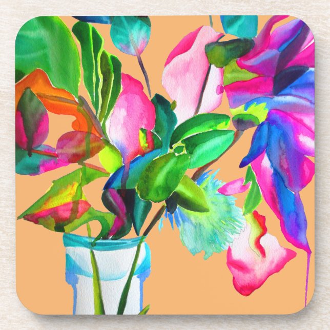 Colorful modern floral flowers watercolor beverage coaster (Front)