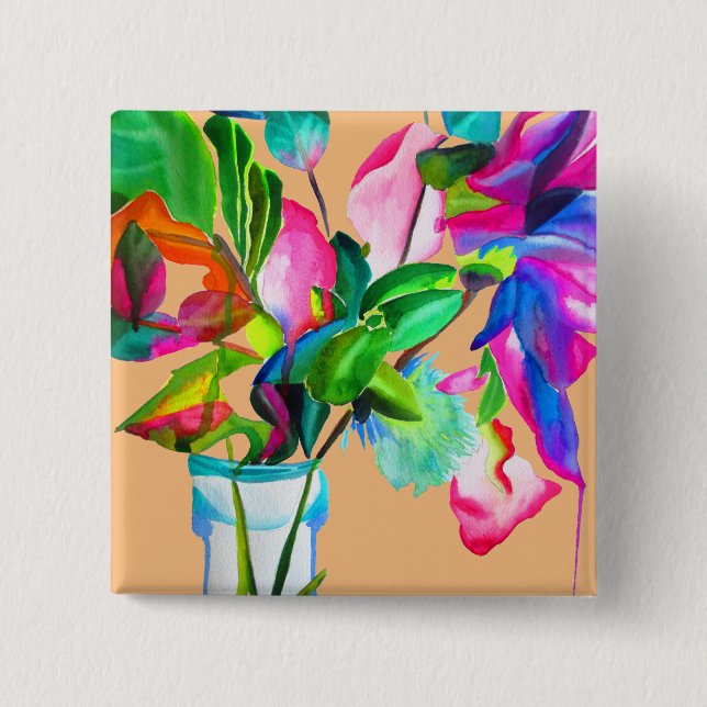 Colorful modern floral flowers watercolor button (Front)