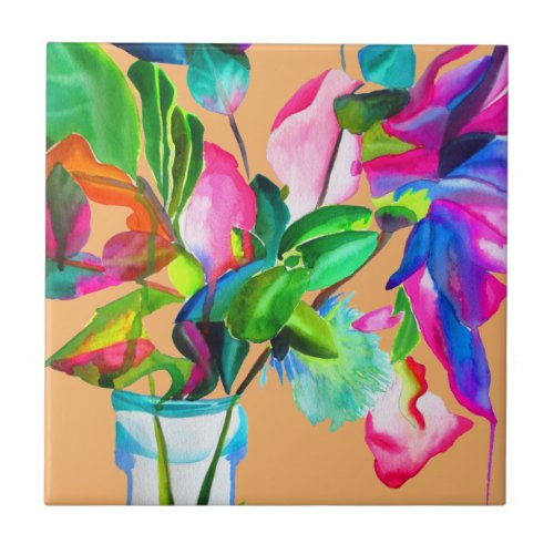 Colorful modern floral flowers watercolor ceramic tile