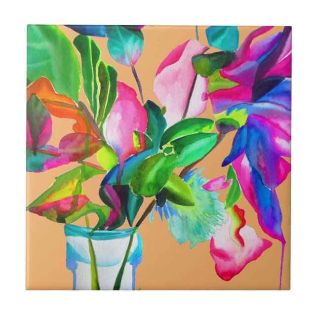Colorful modern floral flowers watercolor ceramic tile (Front)