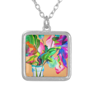 Colorful modern floral flowers watercolor silver plated necklace