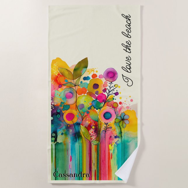 Colorful Modern Floral I Love the Beach Towel (Front)