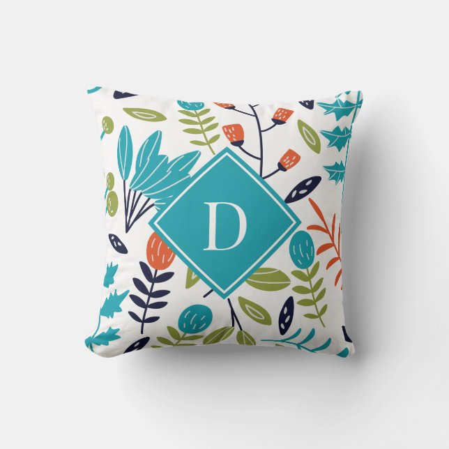 Colorful Modern Floral Pattern Monogram Throw Pillow (Front)