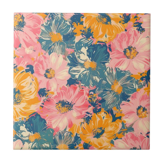 Colorful Modern Flowers Floral Pattern Ceramic Tile (Front)