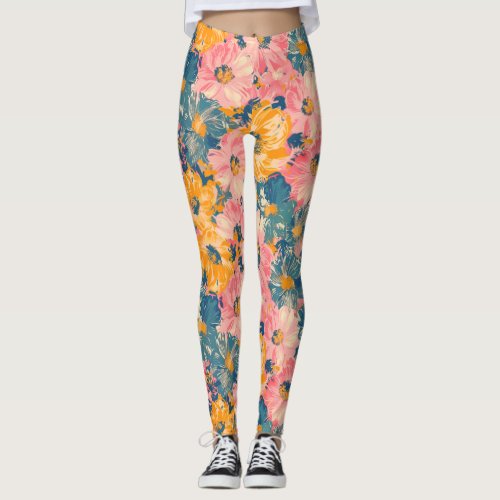 Colorful Modern Flowers Floral Pattern Leggings