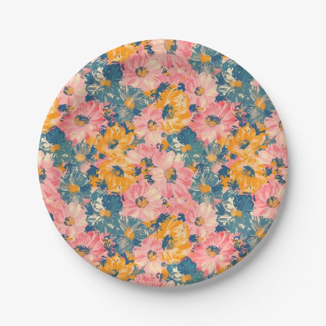 Colorful Modern Flowers Floral Pattern Paper Plates (Front)