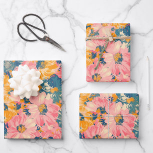 Colorful Modern Flowers Floral Pattern Wrapping Paper Sheets