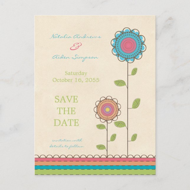 Colorful Modern Flowers Save the Date Postcard (Front)