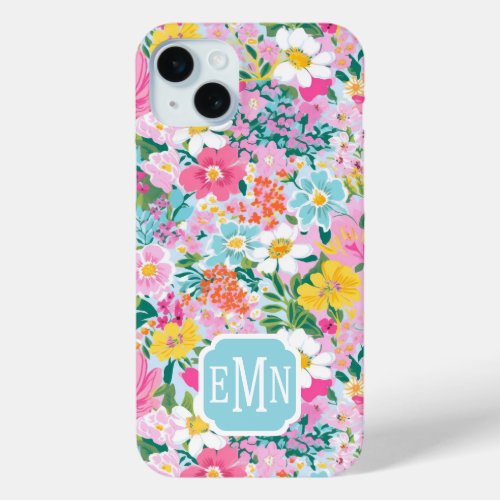 Colorful Modern Garden Monogrammed iPhone 15 Plus Case