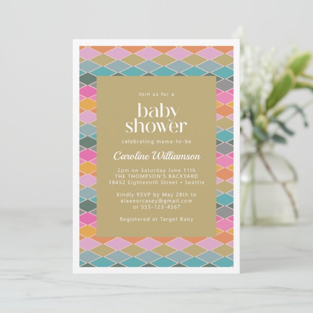 Colorful Modern Geometric Diamonds Baby Shower Invitation (Standing Front)