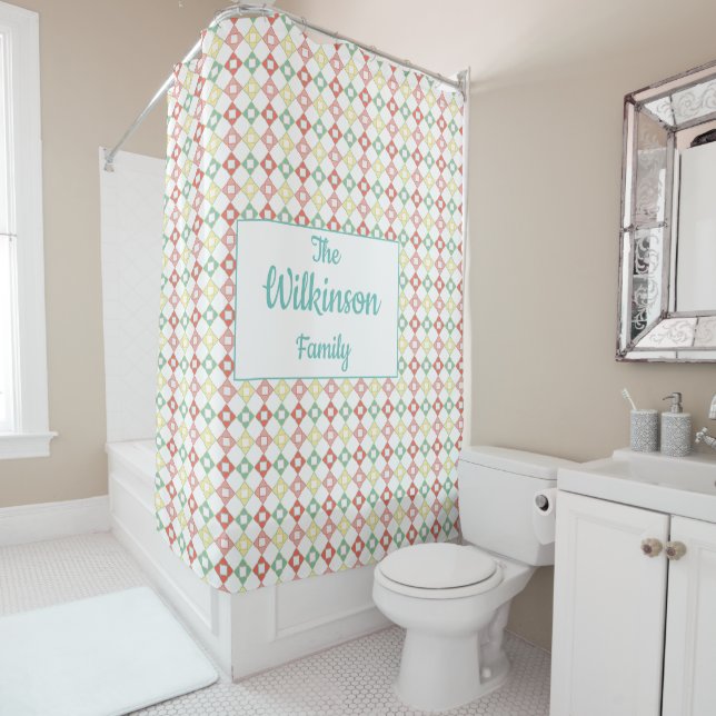 Colorful Modern Geometric  Pattern & Family Name Shower Curtain (In Situ)