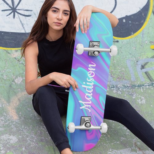 Colorful Modern Girly Blue Pink Liquid Marble Skateboard