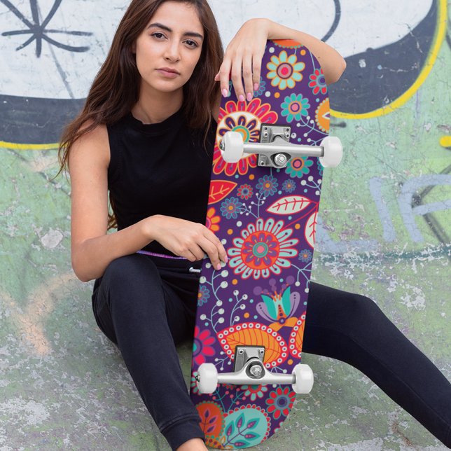 Colorful Modern Girly Floral Pattern Skateboard (Creator Uploaded)
