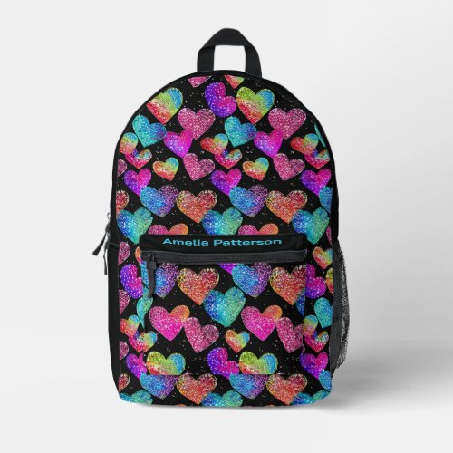 Colorful Modern Girly Glitter Hearts Personalized Printed Backpack