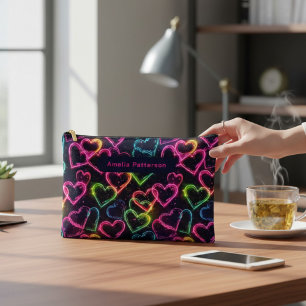 Colorful Modern Girly Neon Love Heart Personalized Accessory Pouch