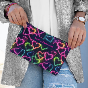 Colorful Modern Girly Neon Love Heart Personalized Accessory Pouch