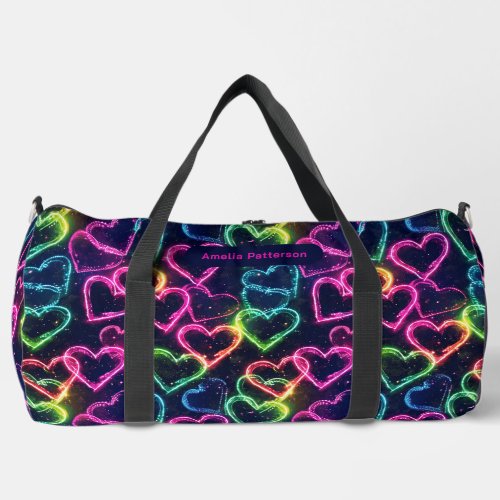Colorful Modern Girly Neon Love Heart Personalized Duffle Bag
