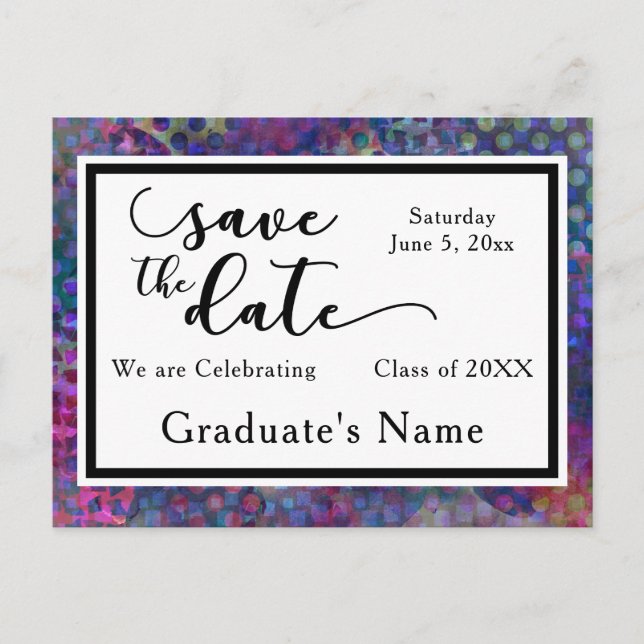 Colorful Modern Graphic Graduation Save the Date Postcard (Front)