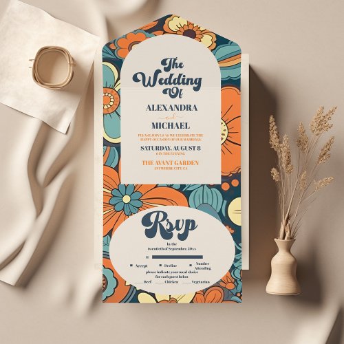 Colorful Modern Groovy Retro 70s Floral Wedding All In One Invitation
