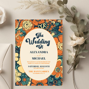 Colorful Modern Groovy Retro 70s Floral Wedding Invitation
