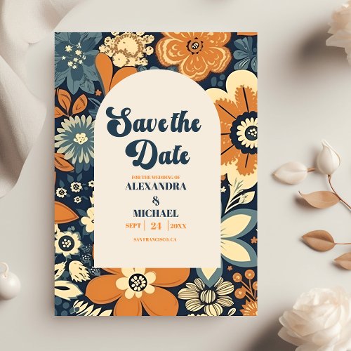 Colorful Modern Groovy Retro 70s Floral Wedding Save The Date