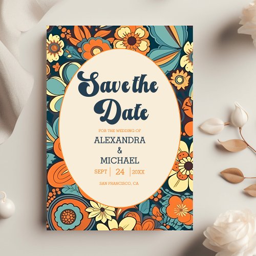 Colorful Modern Groovy Retro 70s Floral Wedding Save The Date