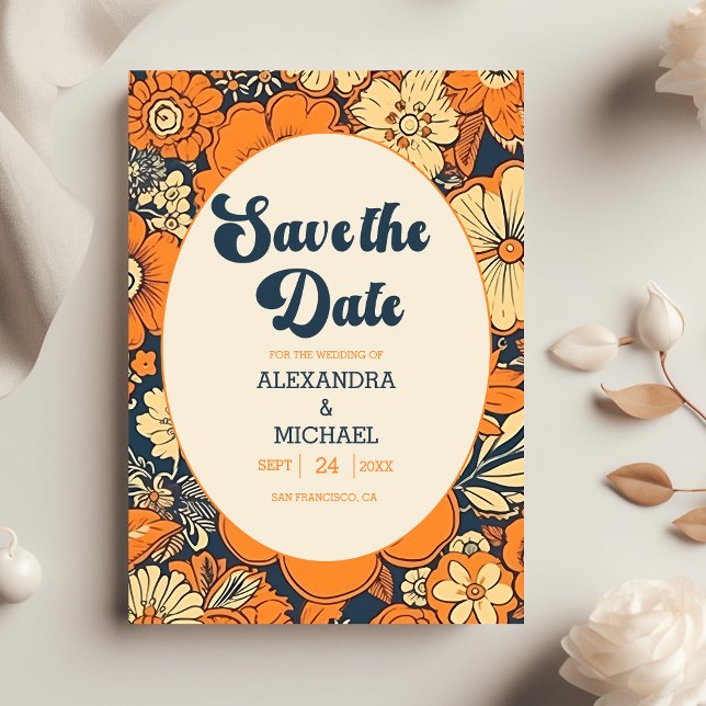 Colorful Modern Groovy Retro 70s Floral Wedding Save The Date (Creator Uploaded)