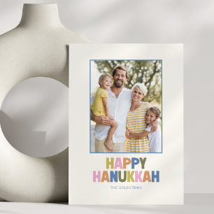 Colorful Modern Hanukkah Family Photo Blue Stripe Holiday Card