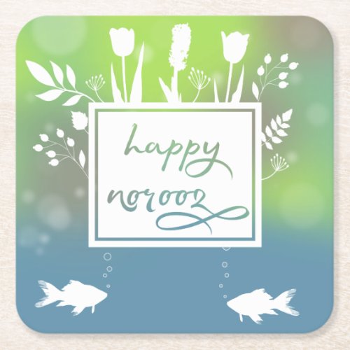 Colorful Modern Happy Norooz Letters Fish Flowers Square Paper Coaster