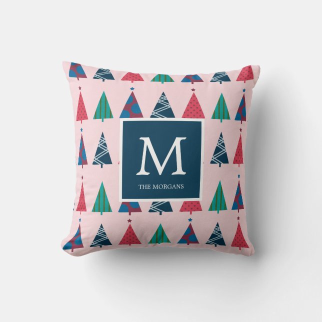 Colorful Modern Holiday Trees with Monogram Throw Pillow (Front)