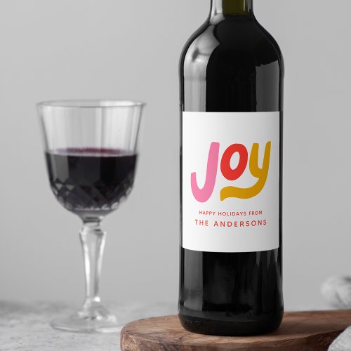 Colorful Modern Joy Personalized Holiday Wine Label