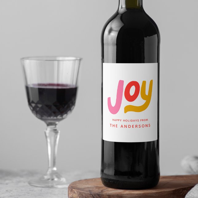 Colorful Modern Joy Personalized Holiday Wine Label (Creator Uploaded)