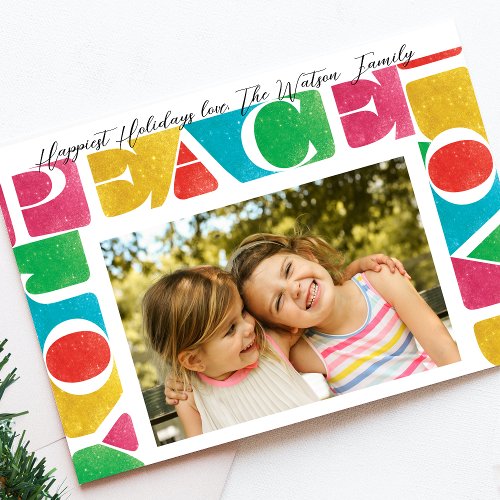 colorful modern LOVE PEACE JOY one photo frame Holiday Card