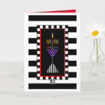 Colorful Modern Menorah Greeting Card<br><div class="desc">A very colorful and modern menorah is superimposed over bold black and white stripes.  Interior card reads "Shabbat Shalom!" and is bordered and coordinated for your writing pleasure.  ~ karyn</div>
