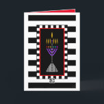 Colorful Modern Menorah Greeting Card<br><div class="desc">A very colorful and modern menorah is superimposed over bold black and white stripes. Interior card reads "Shabbat Shalom!" and is bordered and coordinated for your writing pleasure. ~ karyn</div>