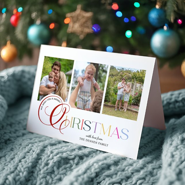 Colorful Modern Merry Christmas Script 3-Photo Holiday Card (Creator Uploaded)