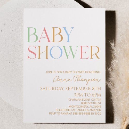 Colorful Modern Minimal Minimalist Baby Shower  Invitation